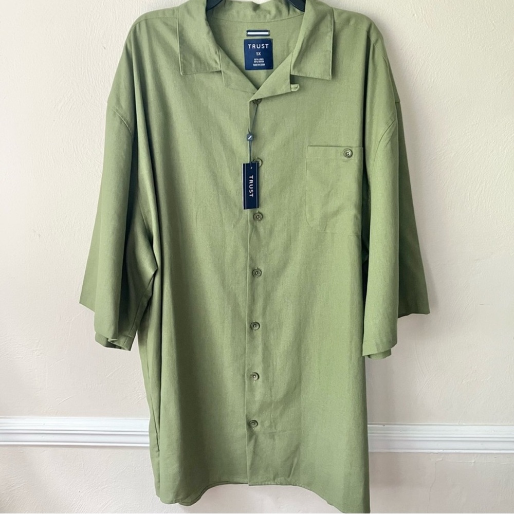 Trust Olive Green men’s Linen Blend Short Sleeve Button Down Shirt fits like 3x